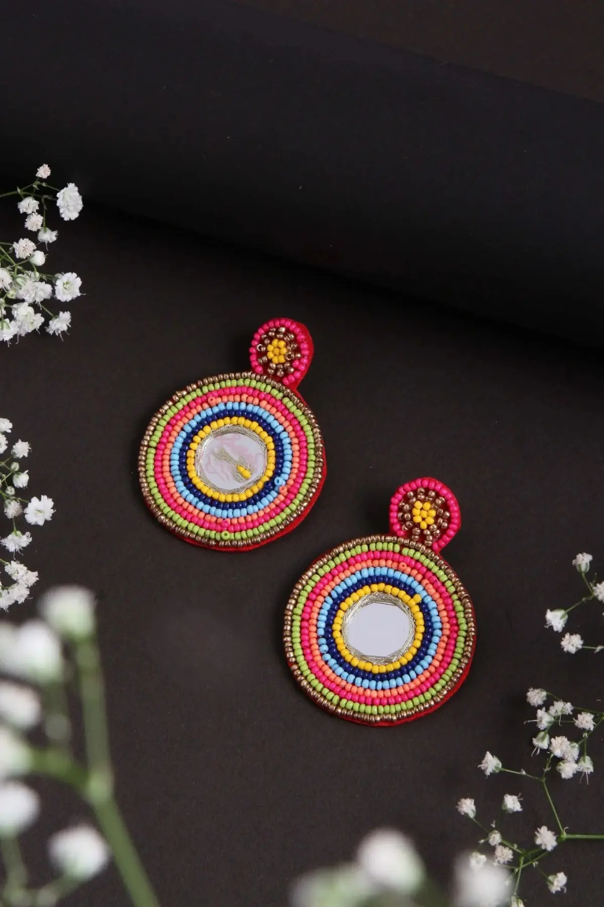 Handmade Light weight Embroidery Round Mirror Earrings
